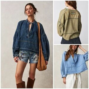 Free People Oversized Denim Pullover in Dark Indigo, Light Blue, and Olive